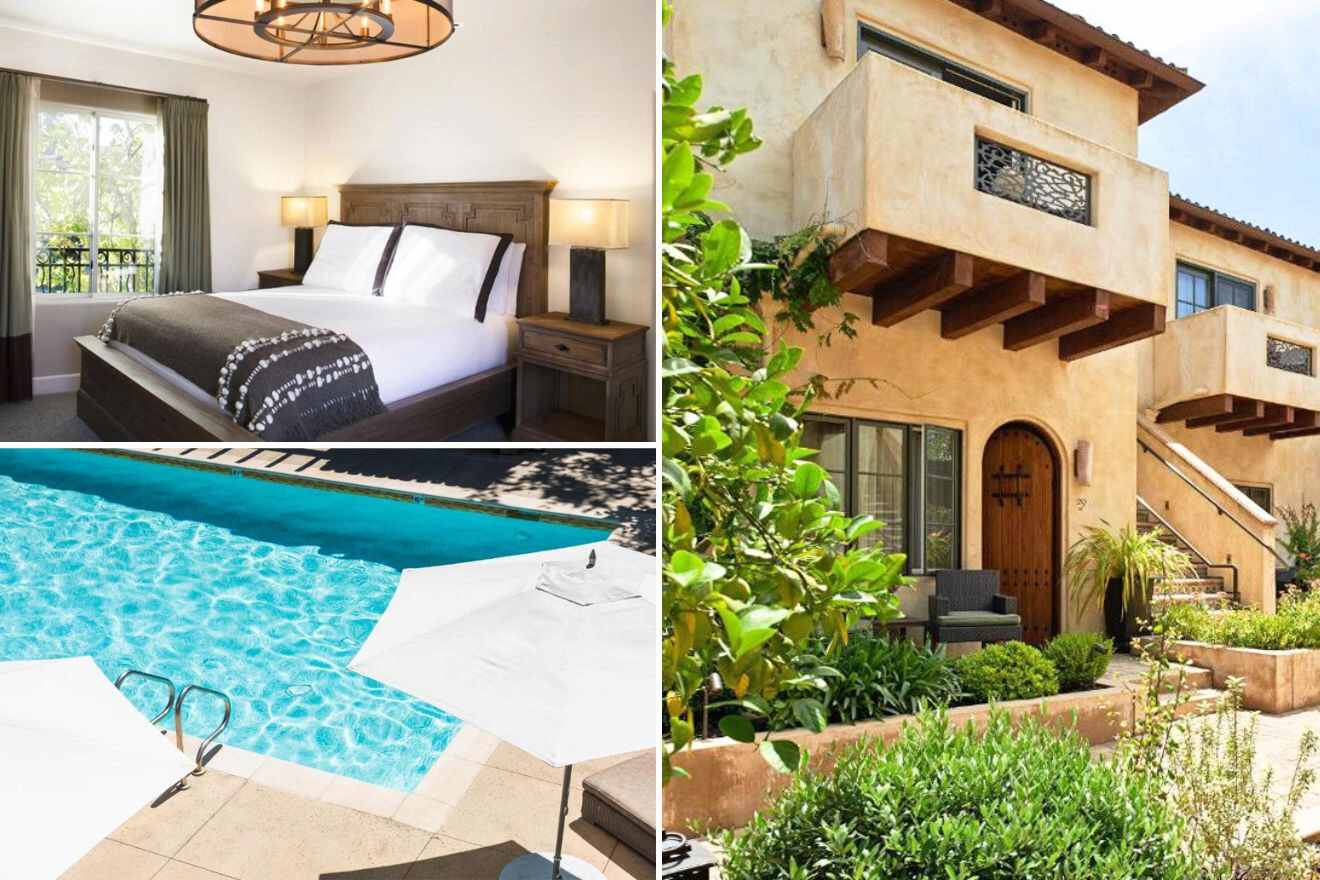 collage of a hotel with a view of the building exterior, bedroom and a pool