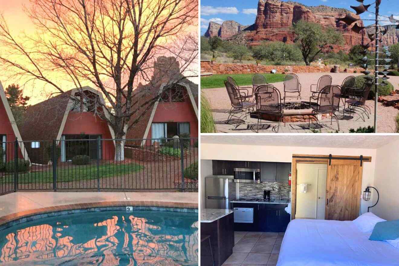 a collage of photos with a bed, a pool and resort's building