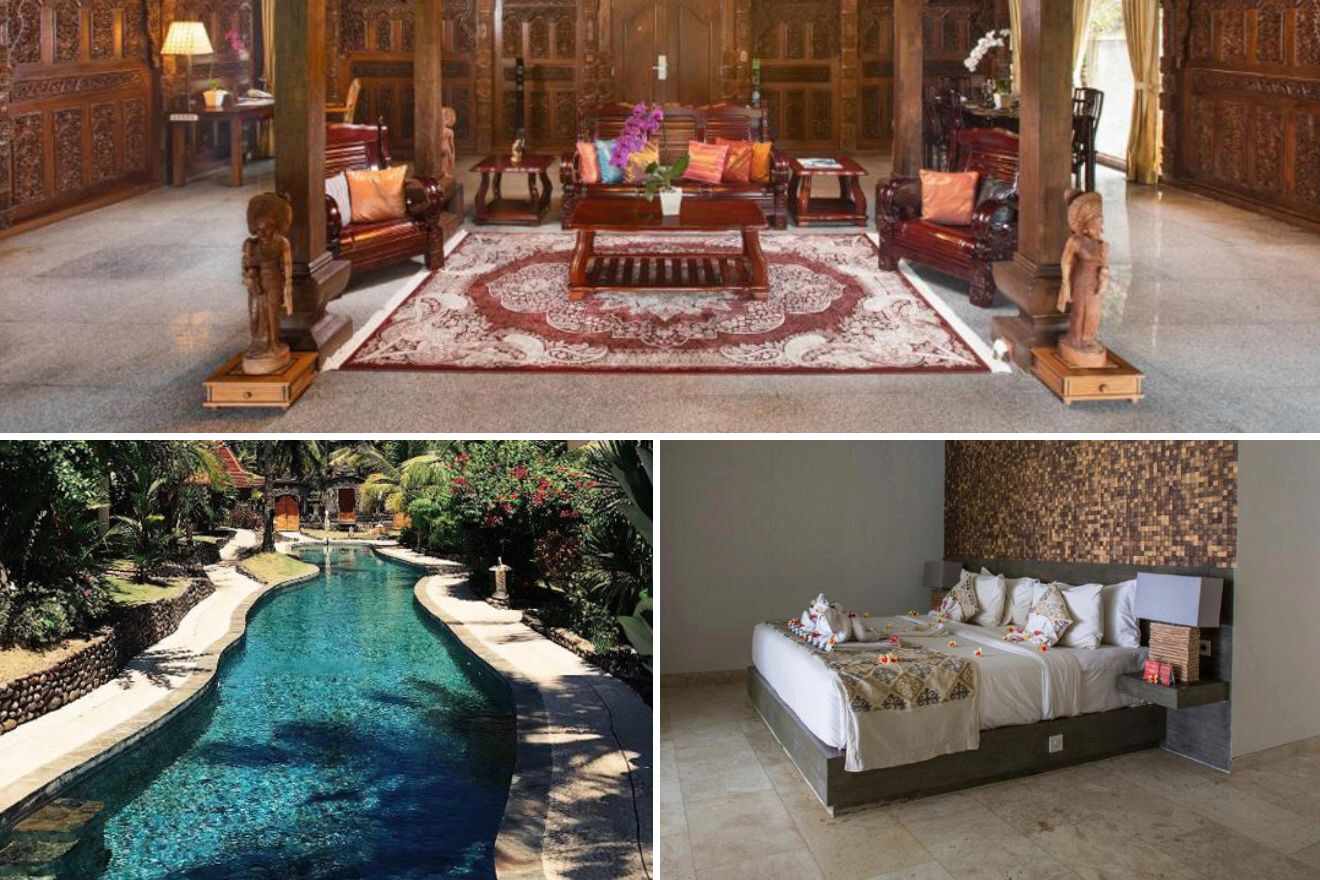 Collage of three house pictures: lounge area, outdoor pool and bedroom