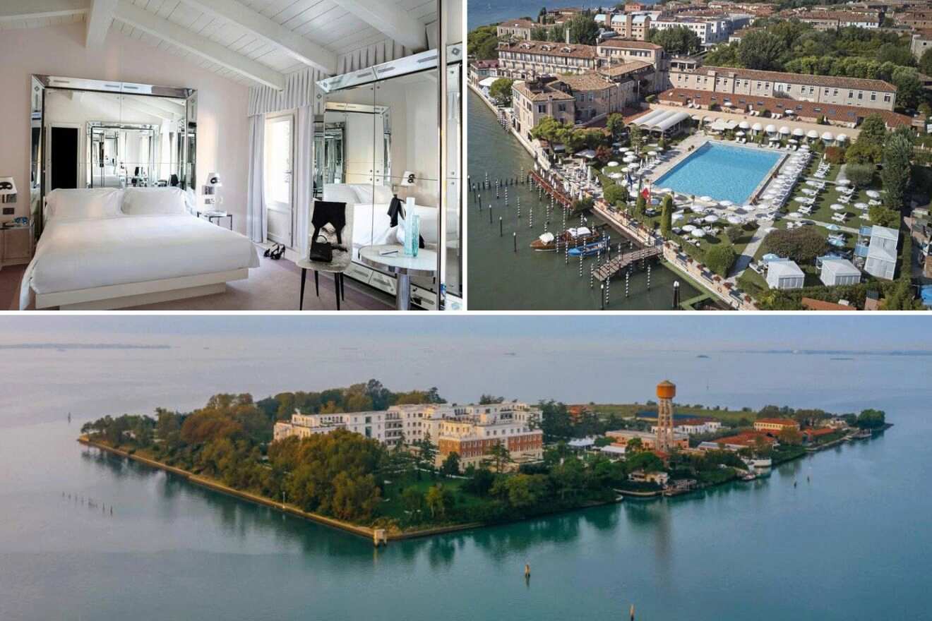 Collage of three hotel pictures: bedroom, aerial view of hotel with pool, and distant aerial view of hotel exterior