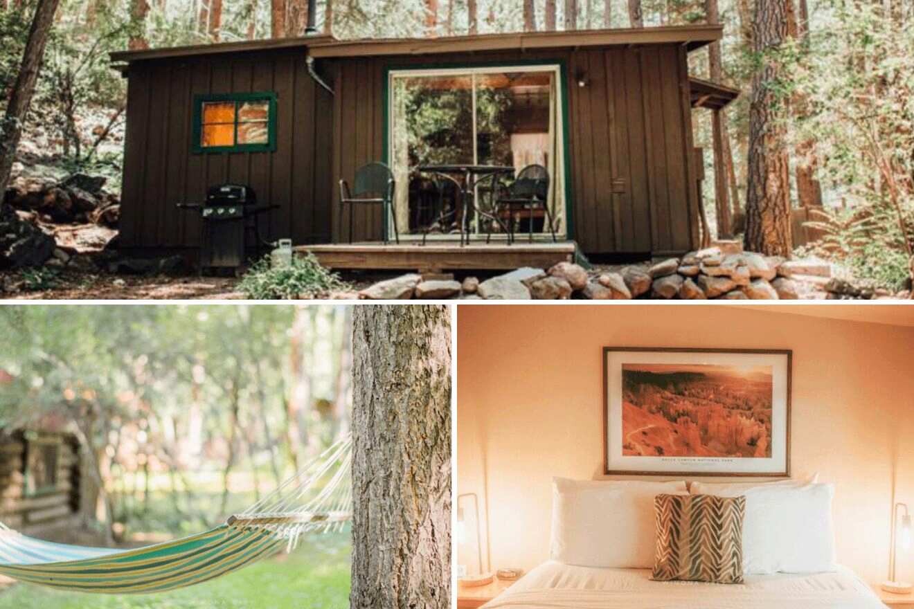 collage with a cabin in the woods, a bed and hammock