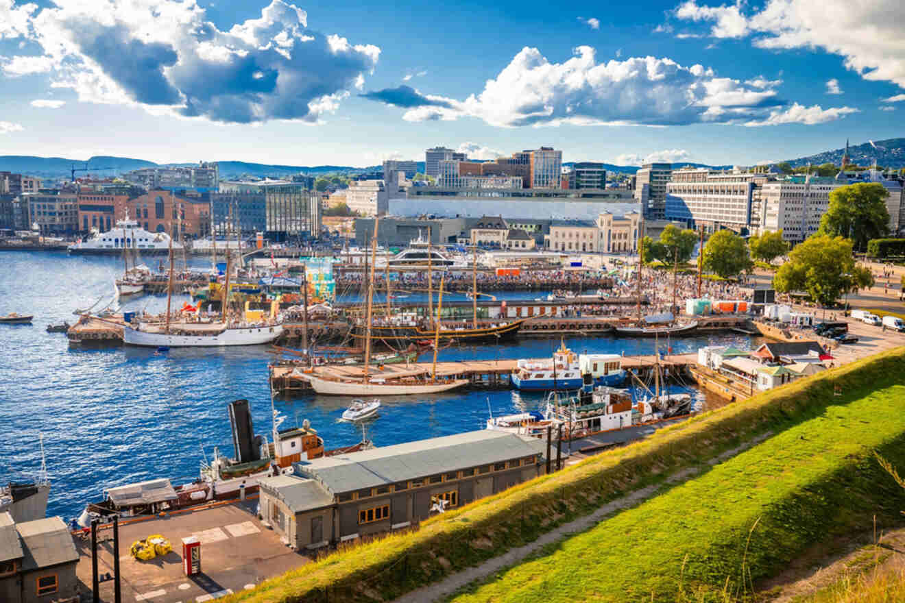 aerial view of boats and Oslo city at the harbor