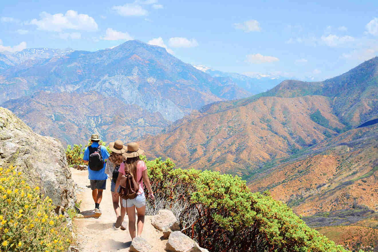 a group of people walking up a mountain trail