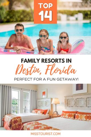 Collage of two pictures: a father and two daughters in a pool and hotel bedroom