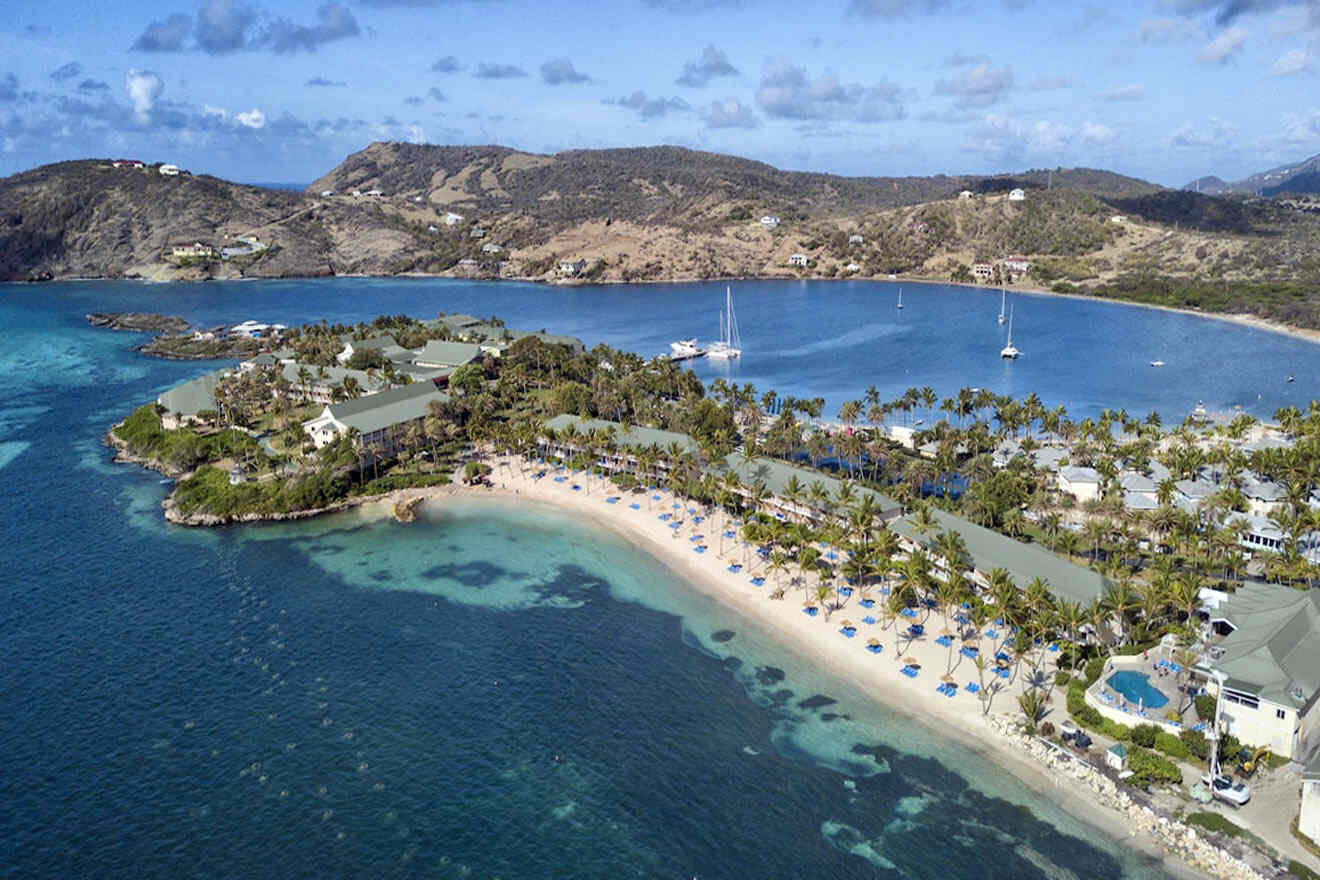 aerial view over a resort and bay area