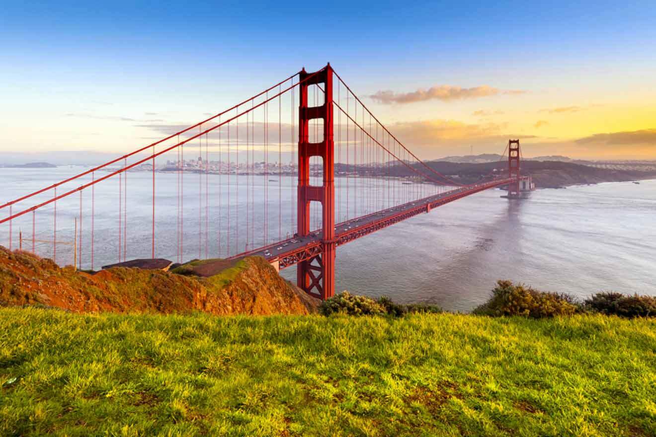 the golden gate bridge at sunset in san francisco, california