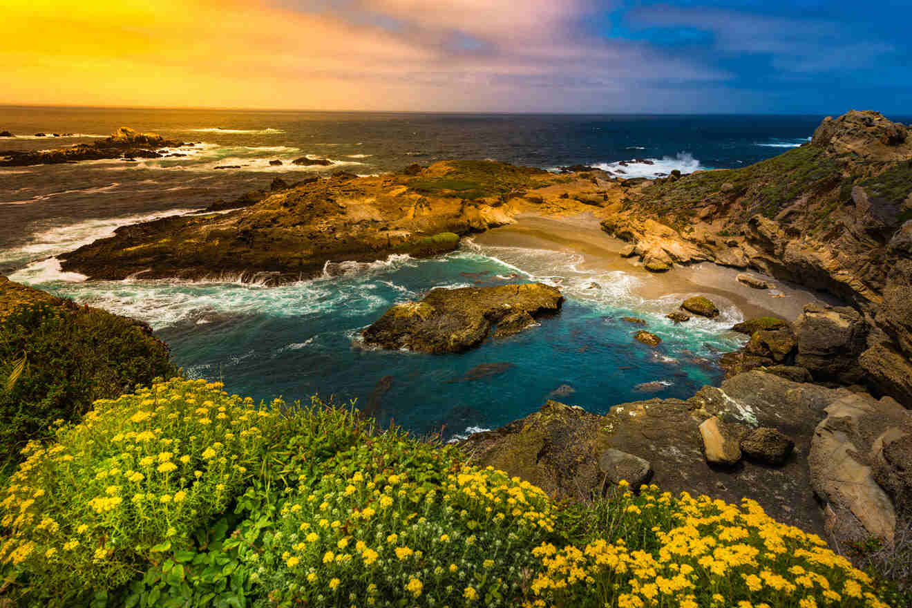 a beautiful view of the ocean from a cliff at sunset