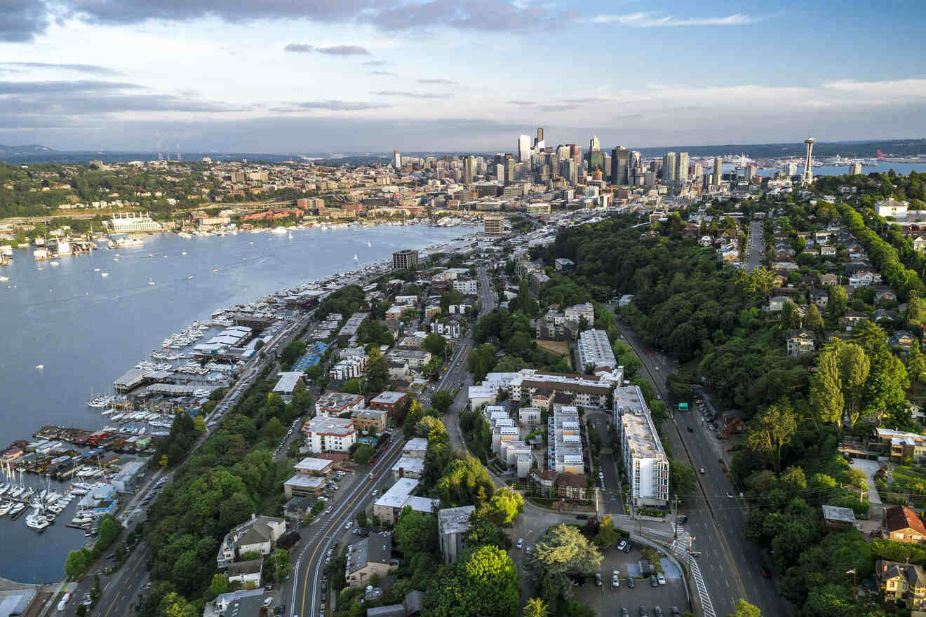 an aerial view of a city and bay