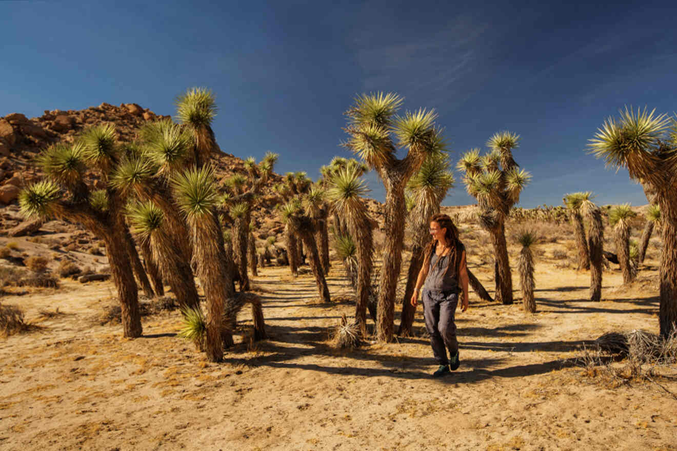 a woman is walking through a desert area