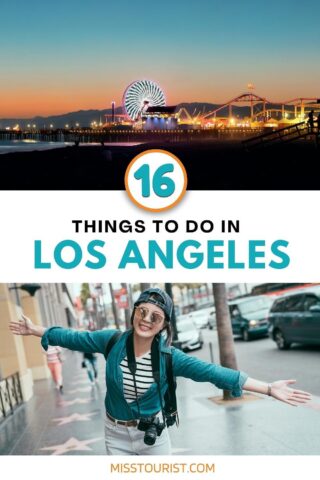 collage of two images with: a tourist with her arms outstretched and a ferris wheel view at night