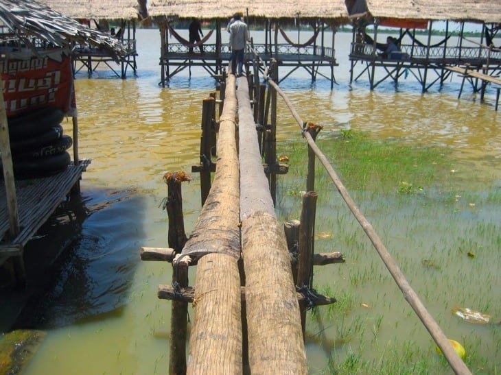 people walking on planks of wood