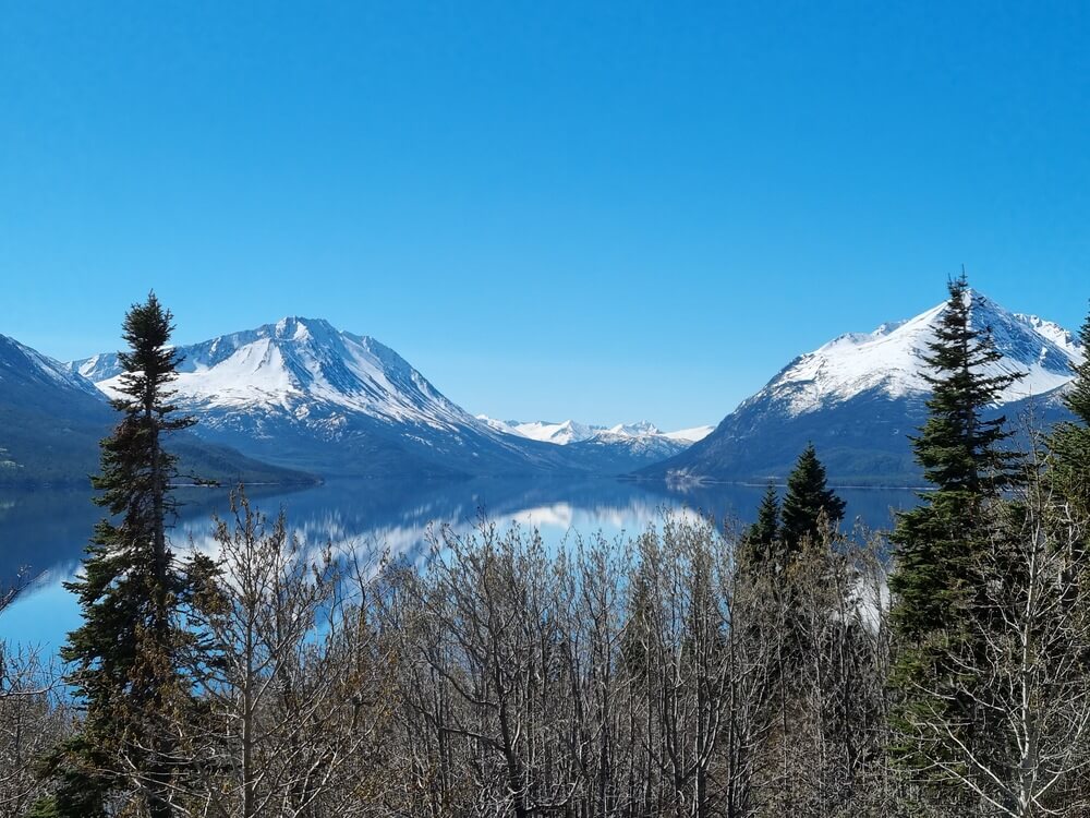 snow capped mountains beside a lake