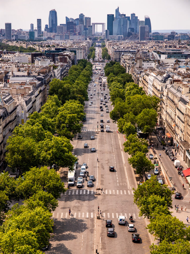 Cars driving down a tree lined street in Paris