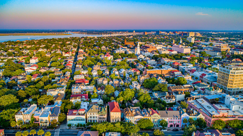 aerial view of charleston at sunset