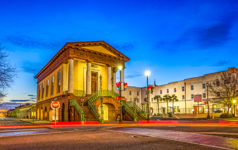 Historic Charleston City Market in Charleston lit up at night