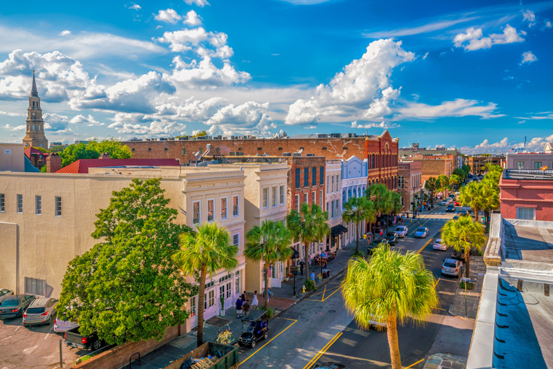 row of homes on street in  Historical downtown area of  Charleston,