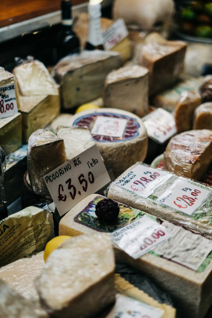 cheese in market stall