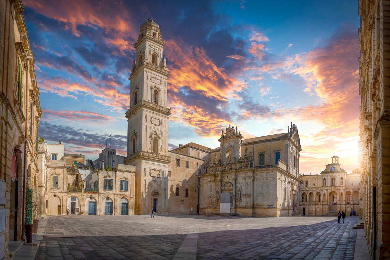 A square with various buildings at sunset