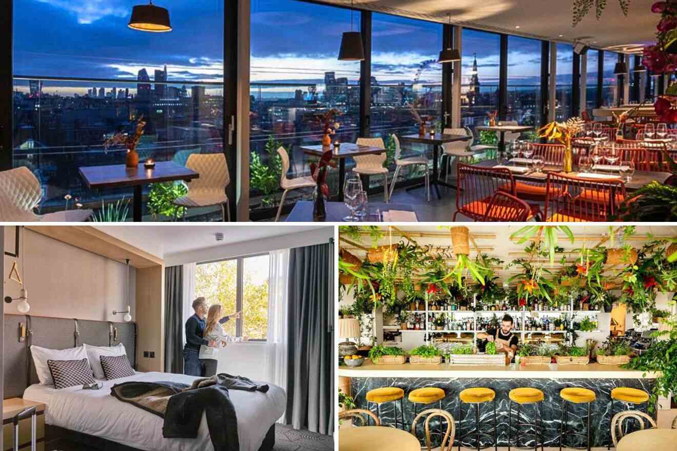 a collage of photos of a hotel with a view of the city, bedroom and the bar area