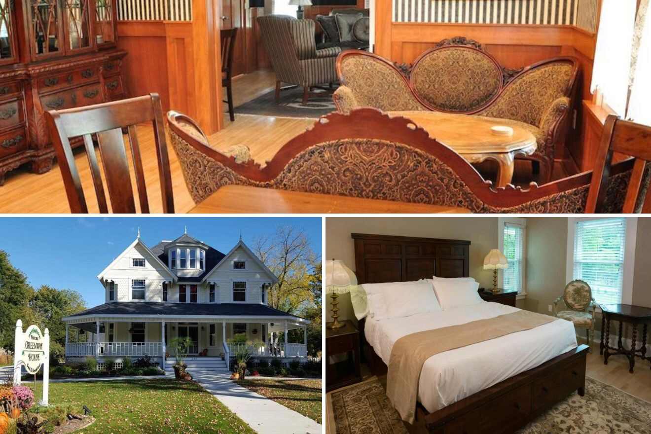 Collage of three hotel pictures: seating area, hotel exterior, and bedroom