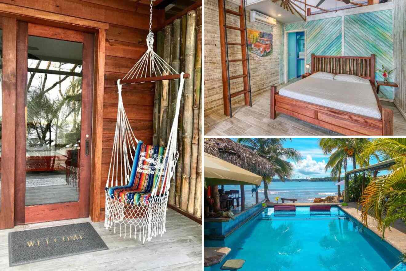 Collage of three hostel photos: an outdoor hammock, bedroom, and outdoor pool