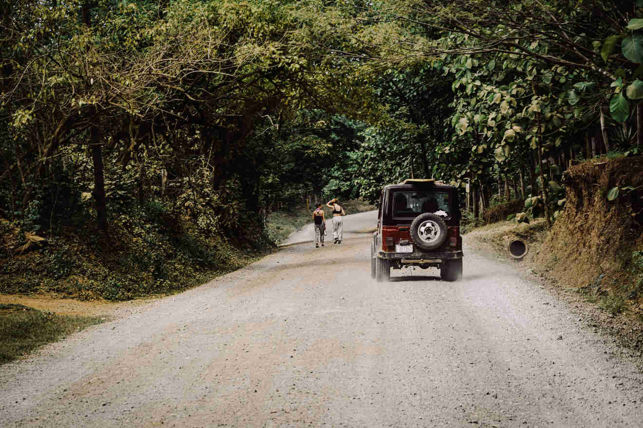 A jeep driving down a dirt road in a forest.