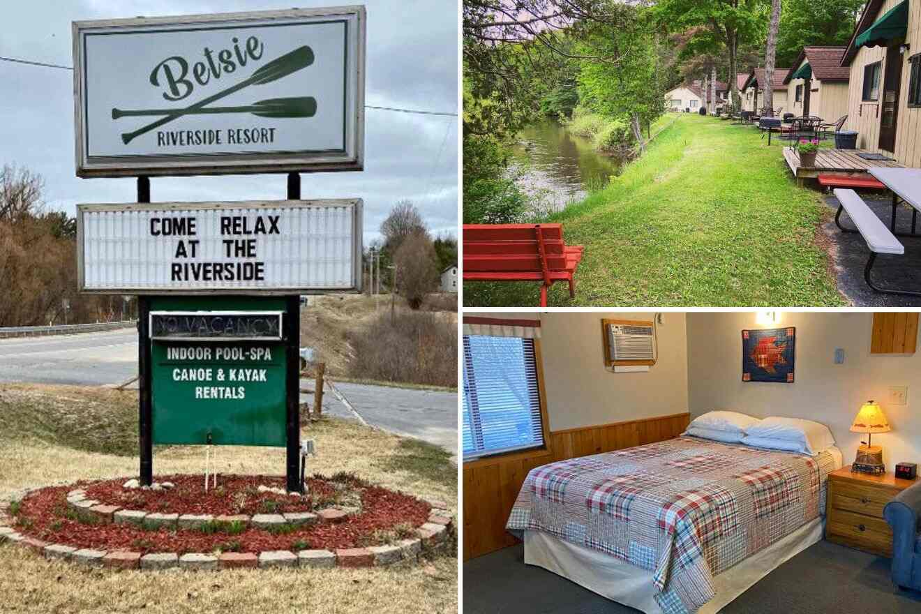 collage of three images with: hotel's sign, a row of cabins by the water and bedroom