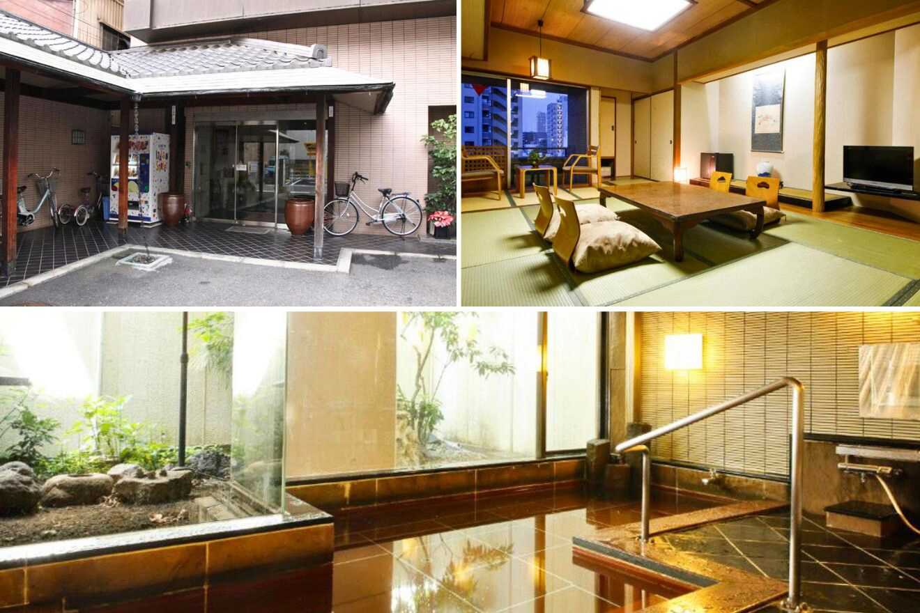 collage of 3 images of a Japanese house with: hotel's building, private ryokan and table with chairs