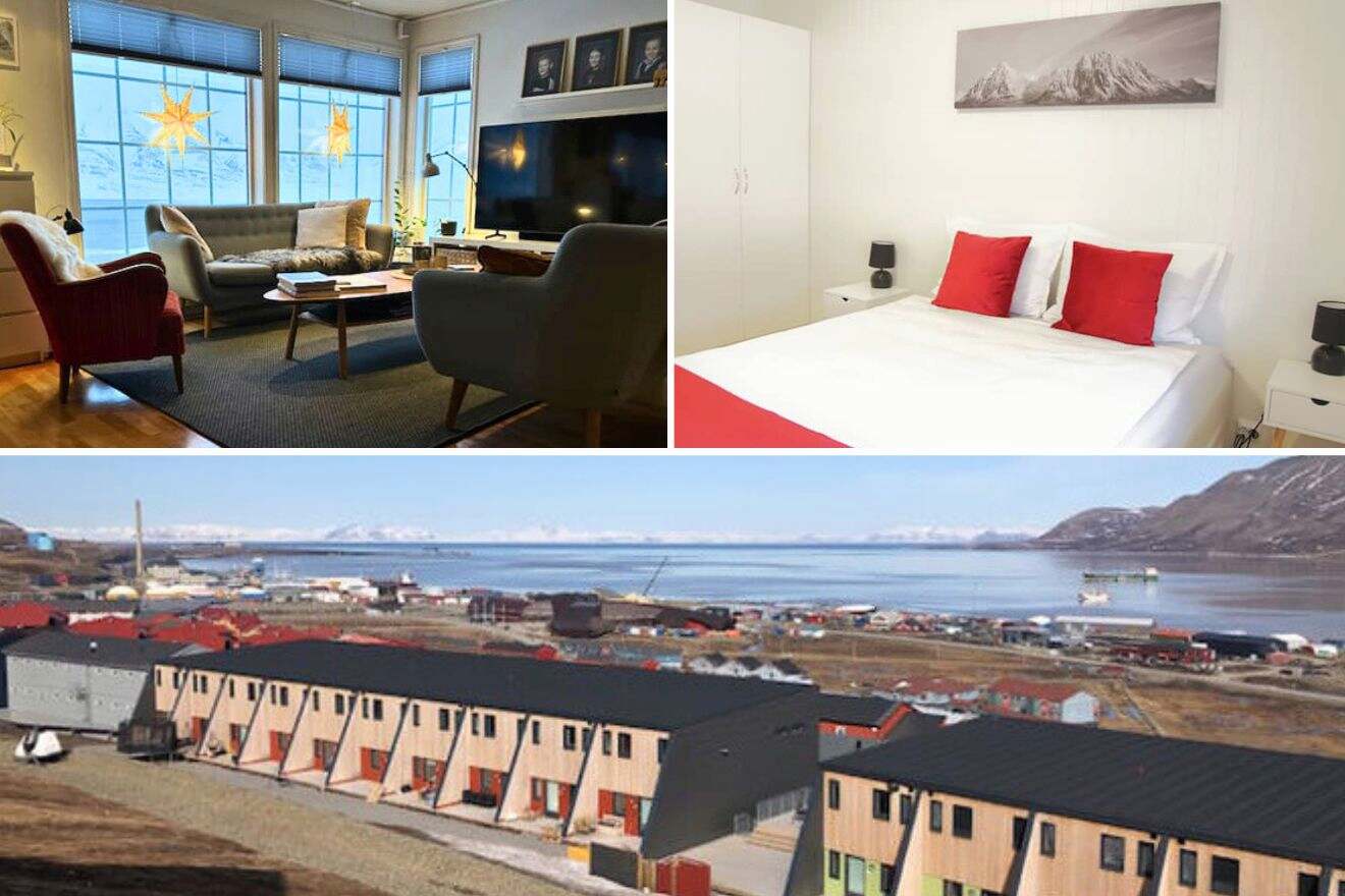 collage of 3 images with: a bedroom, lounge and aerial view over the hotel's building