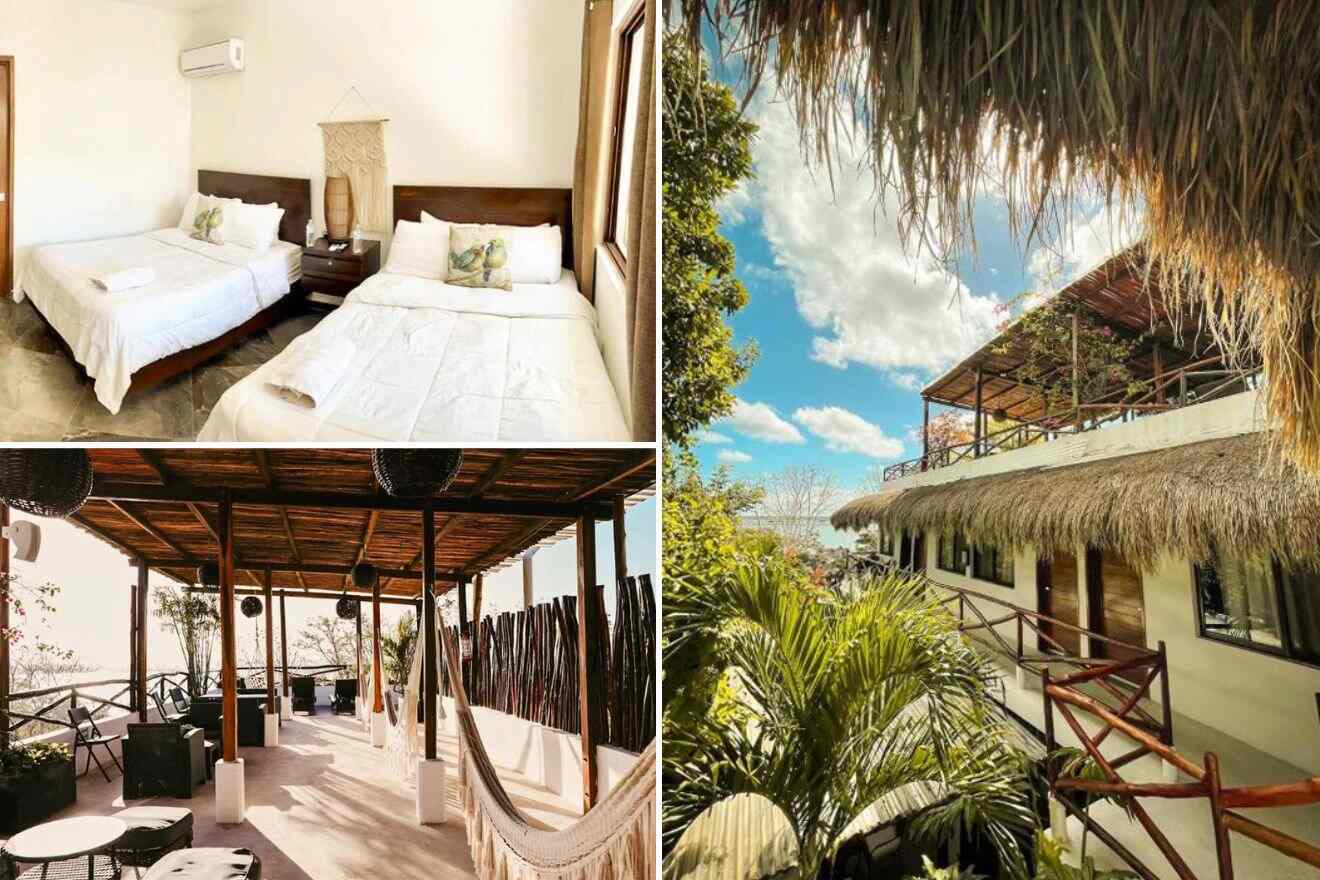 collage of 3 images with: bedroom, lounge on the terrace and view over the resort