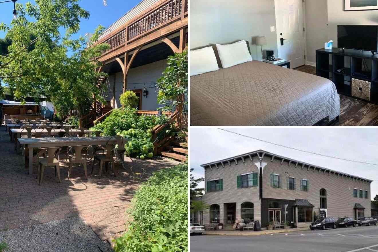 collage of three images with: hotel's building, dining area in the garden and bedroom