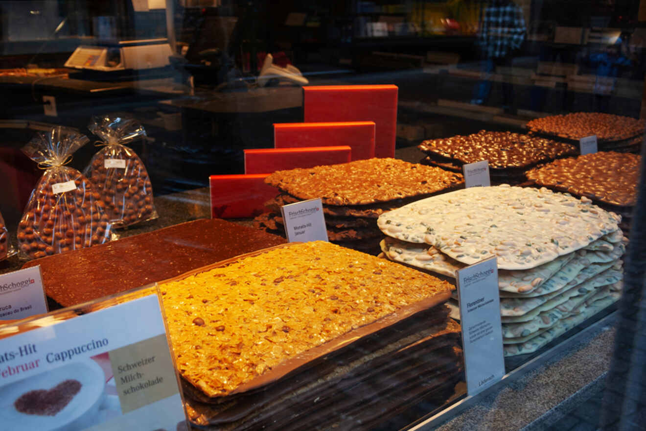 A display of chocolates in a shop window.