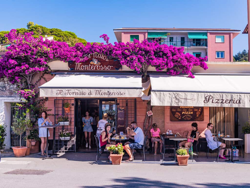 bougainvillea draped over restaurant awning with people at tables