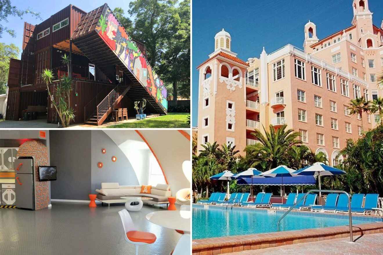 collage of 3 images with: lounge, pool and hotel's building