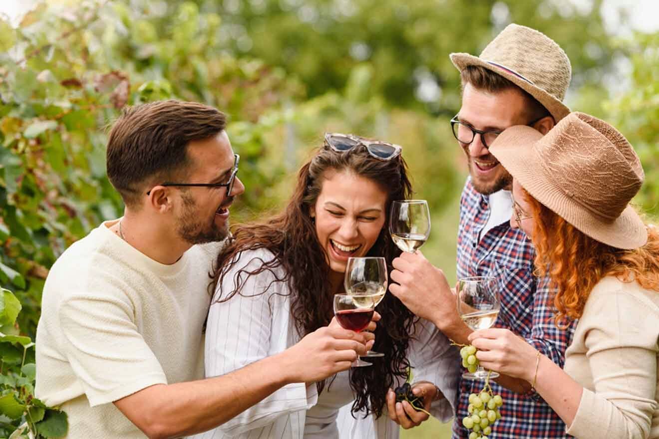 group of friends having fun and wine tasting