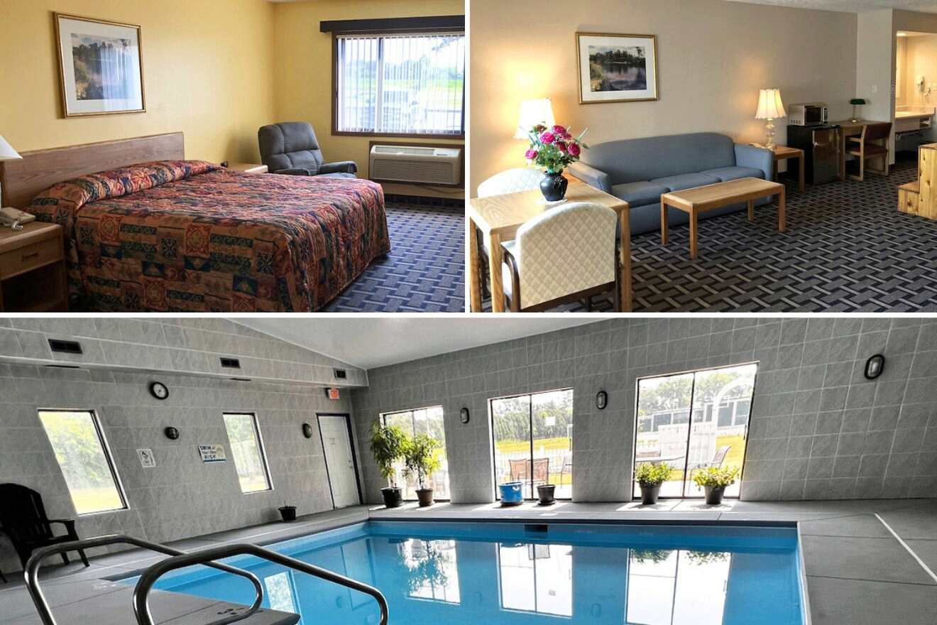 collage of 3 images with: a pool, bedroom and lounge