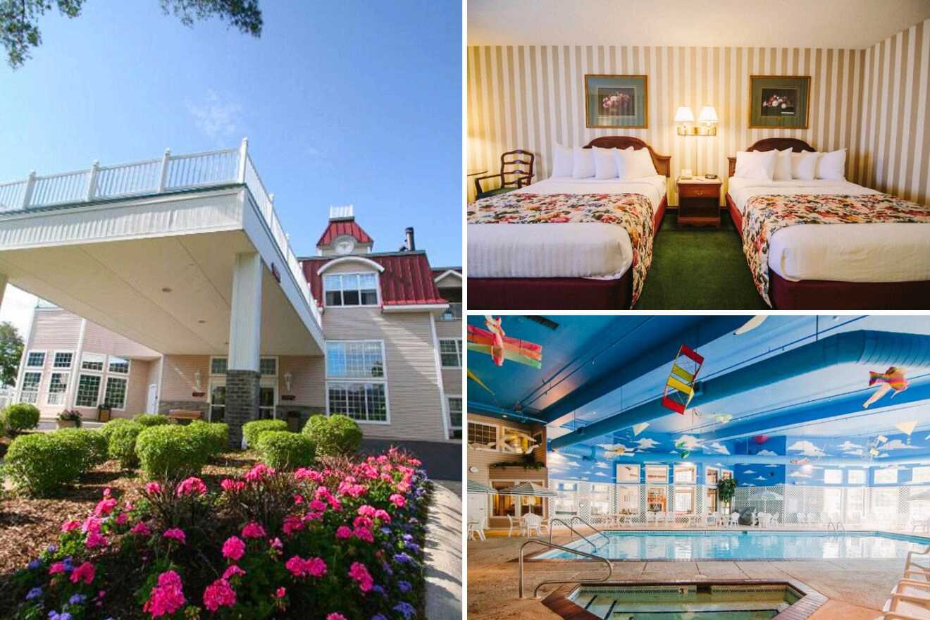 collage of three images with: hotel's building, a pool and bedroom