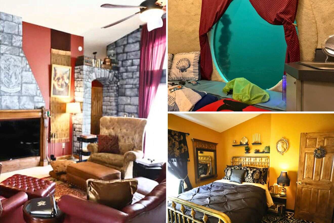 collage of 3 images with: lounge, bedroom and underwater hotel