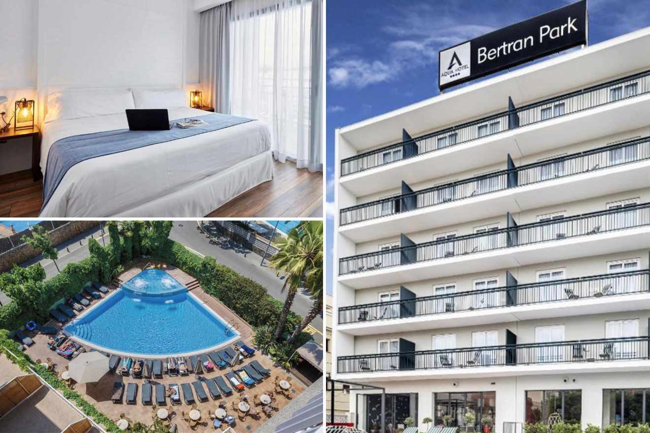 Collage of three hotel pictures: bedroom, outdoor pool, and hotel exterior