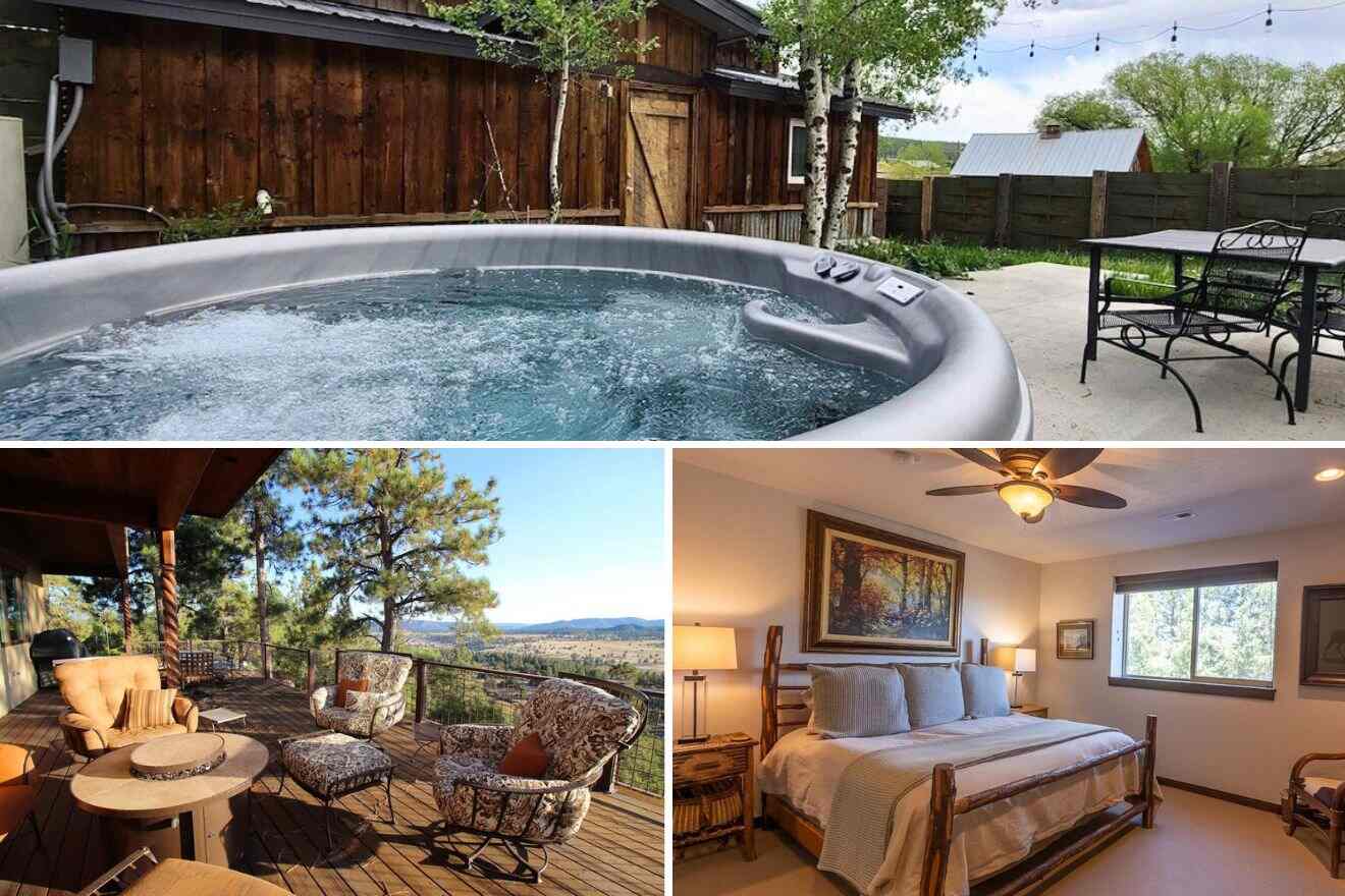 collage of 3 images of: a bedroom, lounge on the terrace and jacuzzi