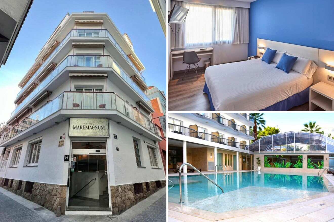 Collage of three hotel pictures: bedroom, outdoor pool, and hotel exterior