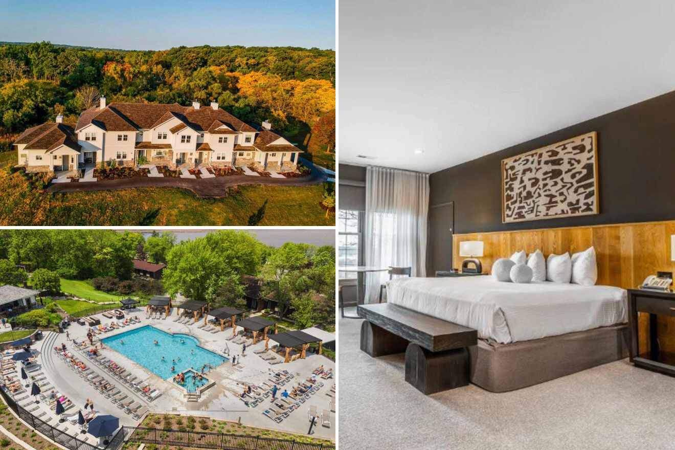 Collage of three hotel pictures: aerial view of hotel, aerial view of outdoor pool and bedroom