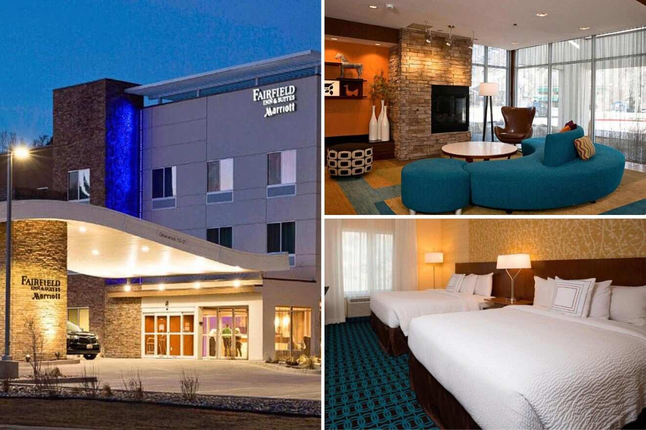 collage of three images with: lounge area, bedroom and hotel's building