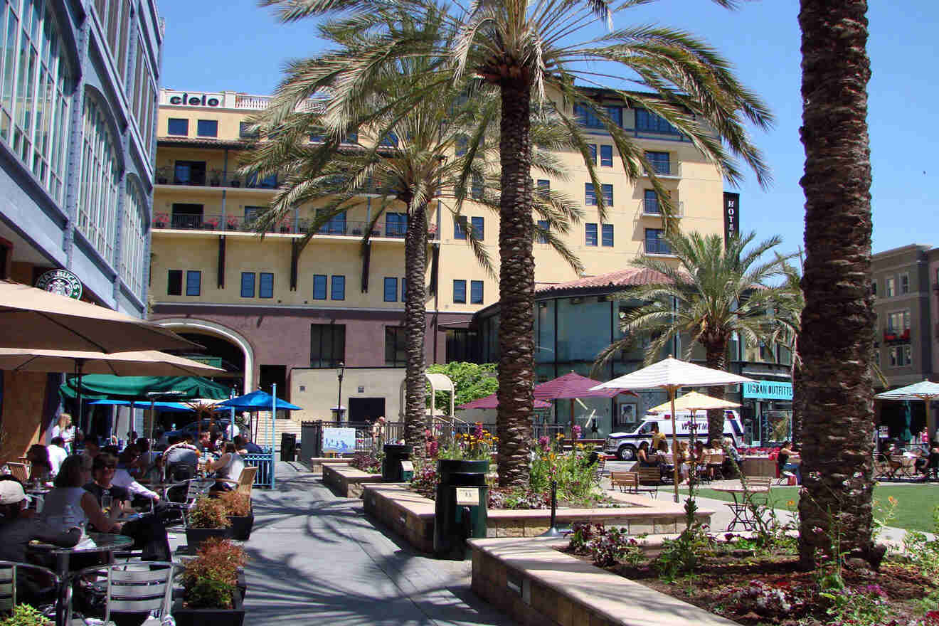 Palm trees and cafes on the sidewalk.