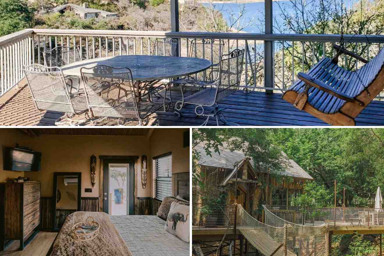 collage of 3 images with: a bedroom, lounge on the terrace and a treehouse