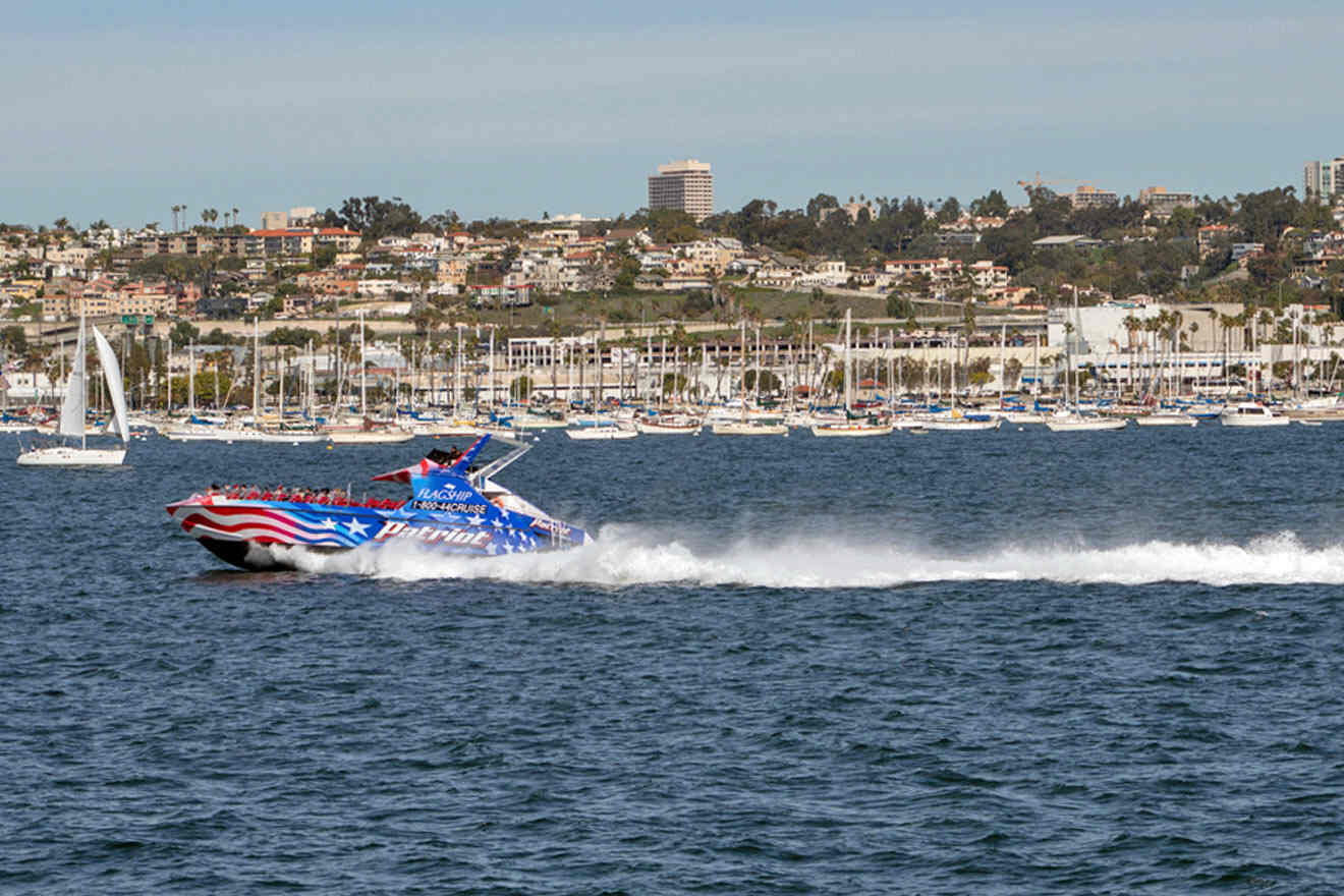 patriot boat in the water with the city in the background