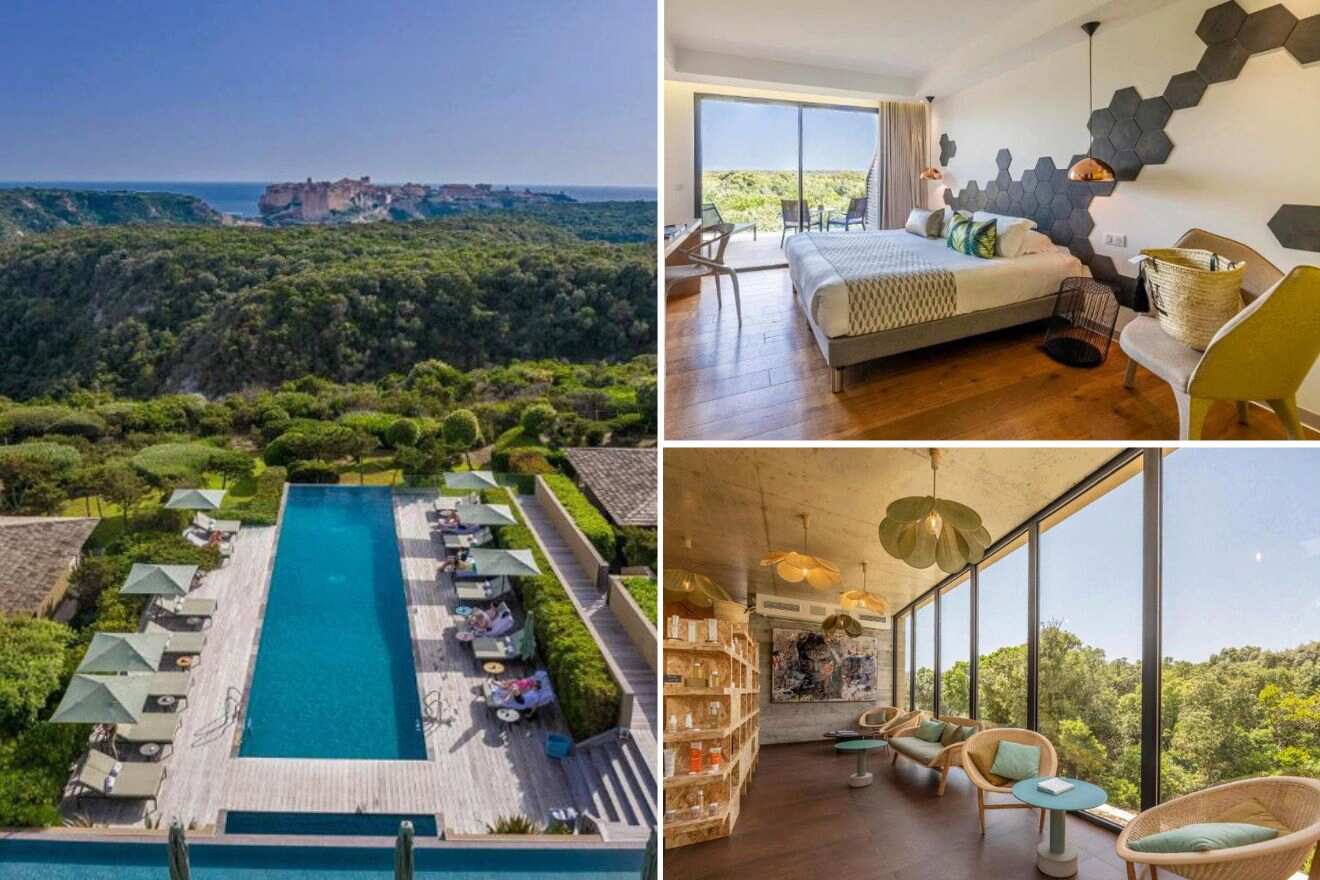 Collage of three hotel pictures: aerial view of a outdoor pool, bedroom, and sitting area by large windows