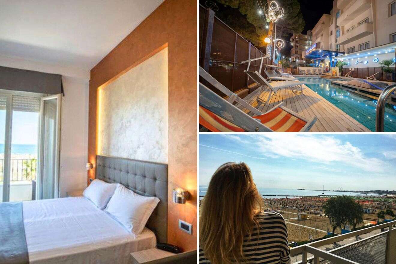 collage of 3 images with: bedroom, pool and a woman on the balcony looking at the view