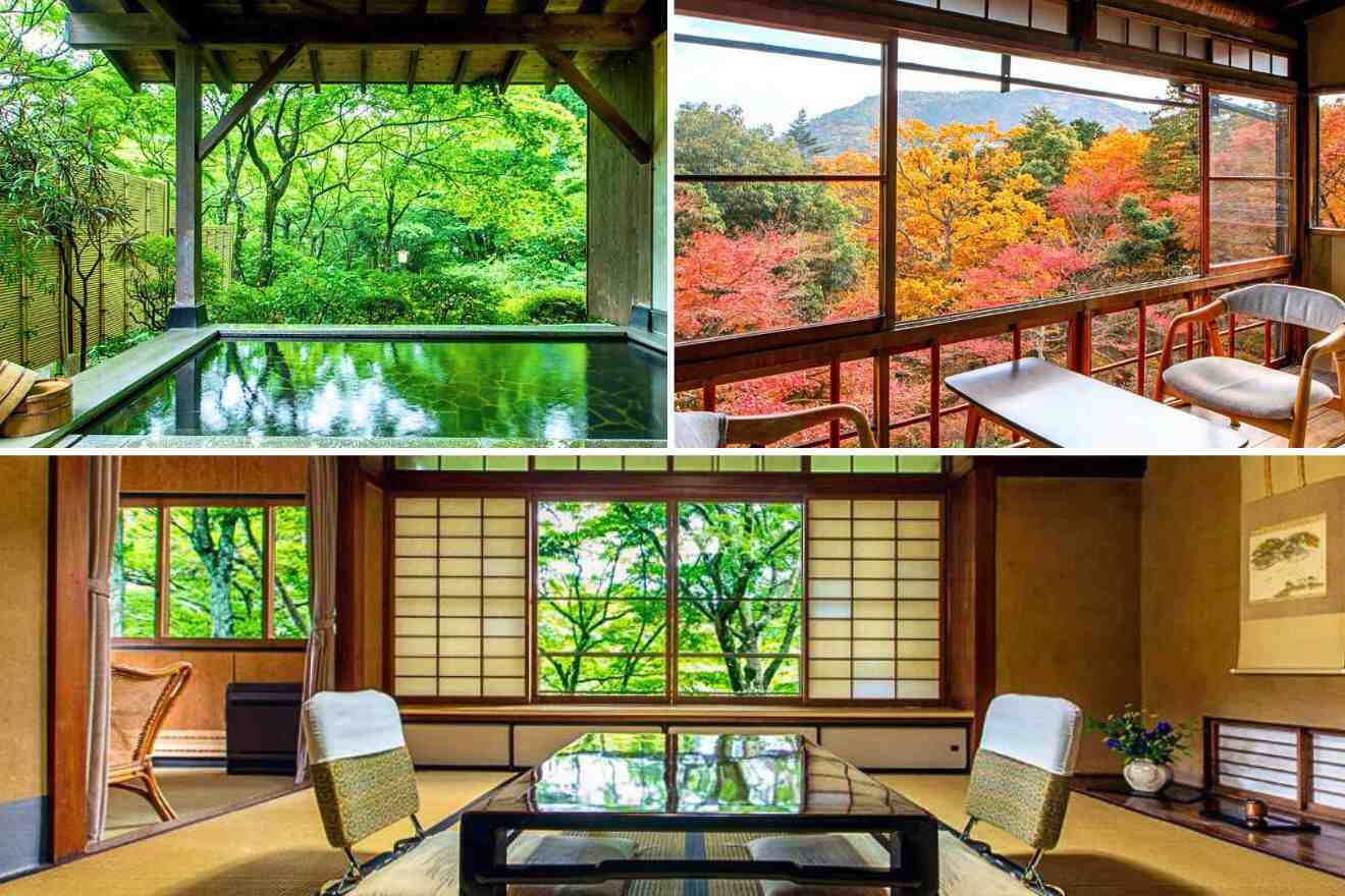 collage of three images: a private onsen, table with chairs on the terrace and a table with chairs