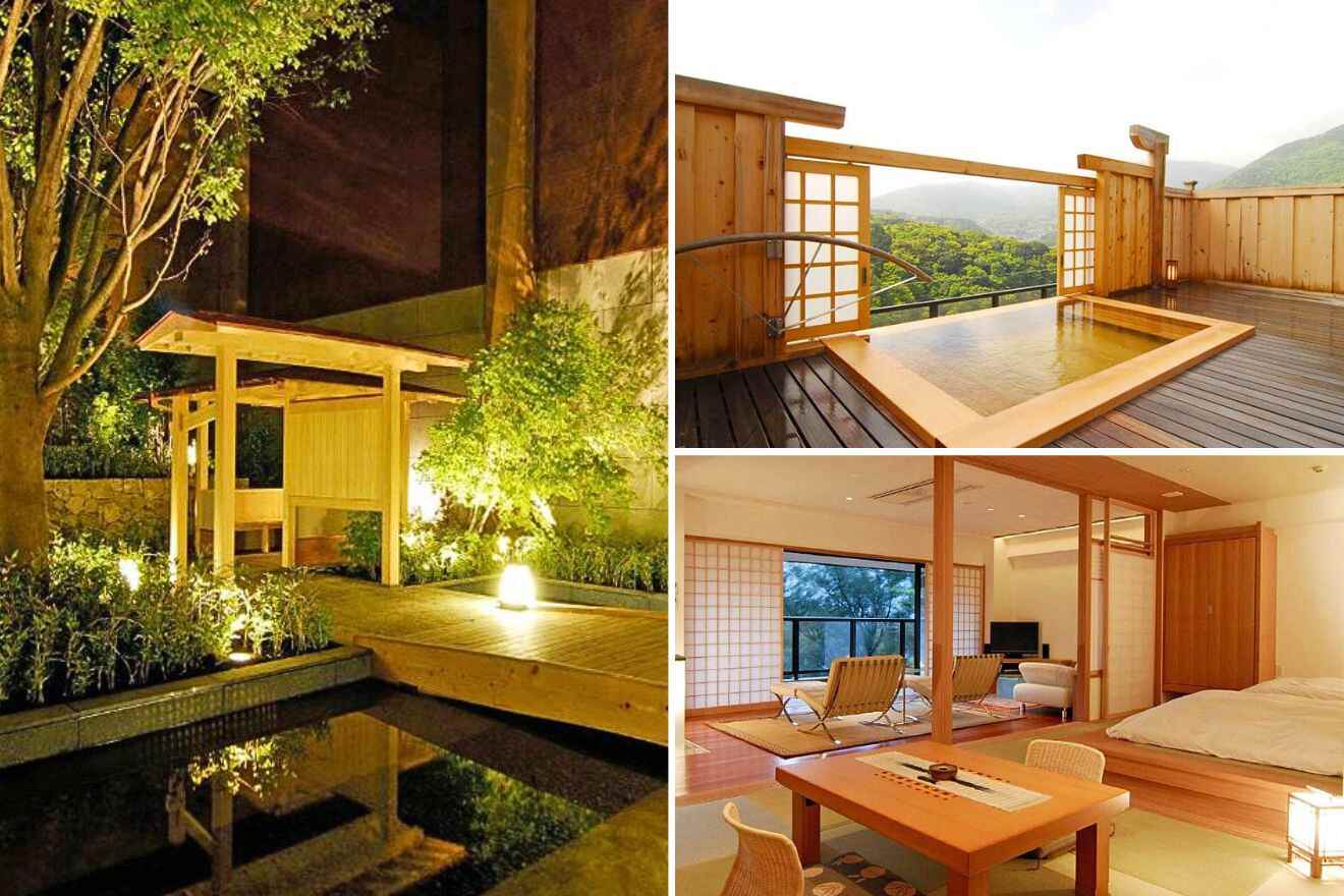 collage of three images: a private onsen, a bedroom and outside landscape